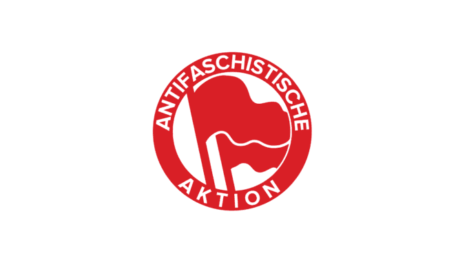 Two red flags within a red circle that reads Antifaschisitischen Aktion