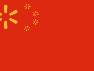 A flag evoking the flag of the People's Republic of China, with the stars replaced with Walmart logos.