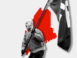 gray image of neo-Nazi Christopher Pohlhaus posing with a Nazi flag, over a red map image of Maine