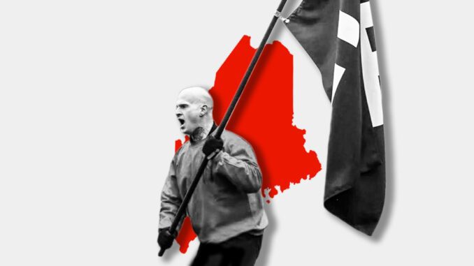 gray image of neo-Nazi Christopher Pohlhaus posing with a Nazi flag, over a red map image of Maine