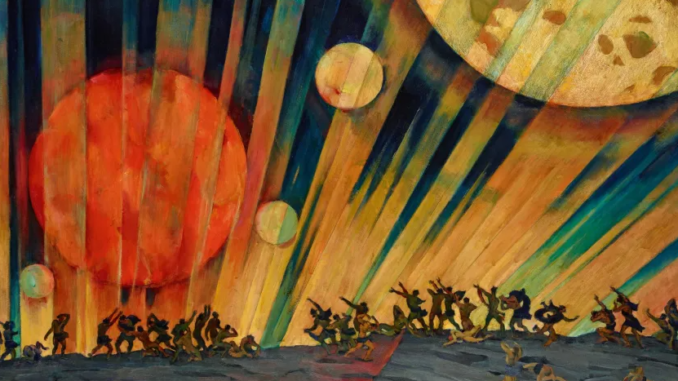 Painting: at the bottom, small silhouettes of people run leftward towards a luminous red circle in the sky, with rays of gold rising from below and casting inky blue shadows beyond the objects in the sky. The in the center are two small pale circles, and to the upper right we see part of a large gold moon.