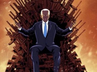 Cartoon style drawing of Joe Biden seated ominously on the Iron Throne, except the throne is made of guns.