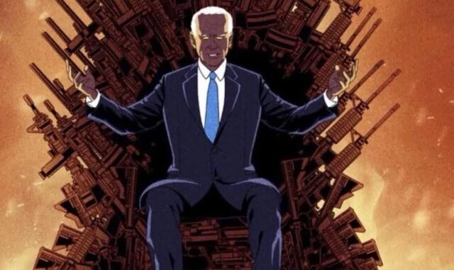 Cartoon style drawing of Joe Biden seated ominously on the Iron Throne, except the throne is made of guns.