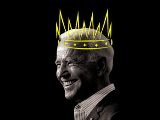 B&W photo of smiling Biden in a sketched yellow crown