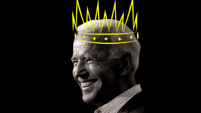 B&W photo of smiling Biden in a sketched yellow crown