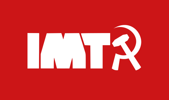 The letters IMT and a hammer and sickle in white on a red background