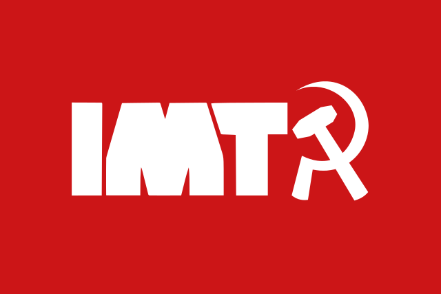 The letters IMT and a hammer and sickle in white on a red background