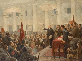 A painting in the soviet realist style depicting Lenin on the right side of the image standing on a rostrum in the winter palace with hand outstretched, speaking to a large assembly