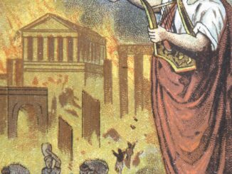 Cartoon of Nero standing in the foreground and playing a lyre while huddled figures burn and flee Rome in the background