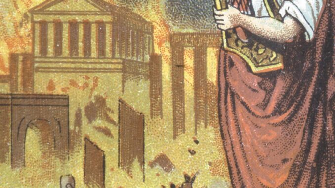 Cartoon of Nero standing in the foreground and playing a lyre while huddled figures burn and flee Rome in the background