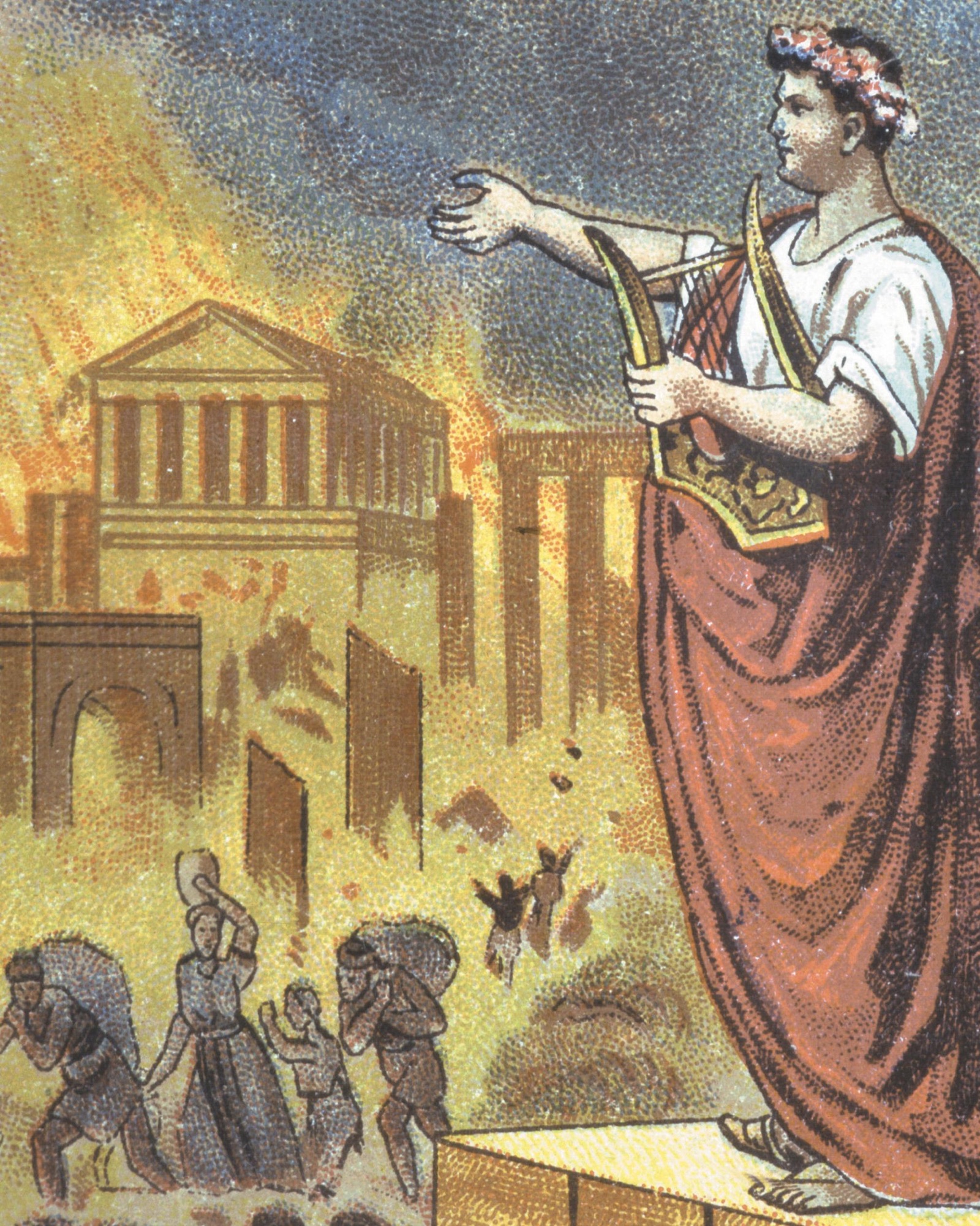 Cartoon of Nero standing in the foreground and playing a lyre while huddled figures burn and flee Rome in the background